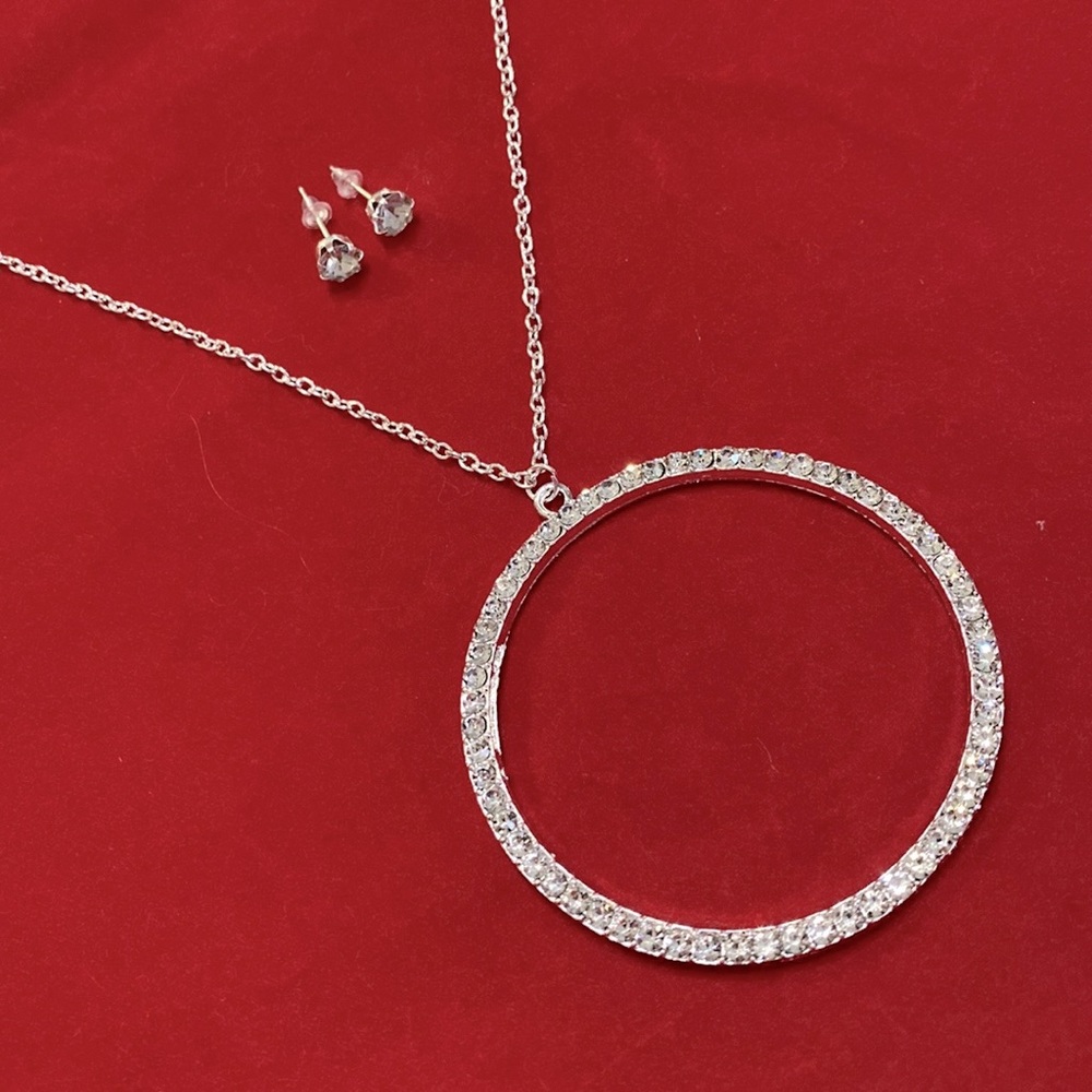 Circle Of Life Necklace Earrings Set Silver Tone Clear Sparkling Rhinestone